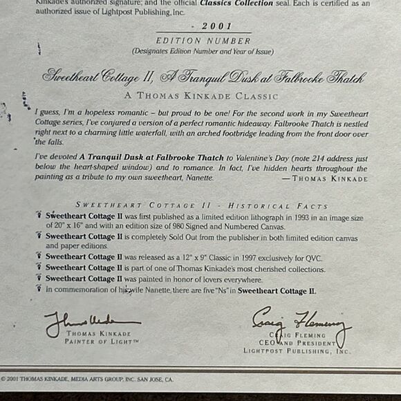 Vtg Thomas Kinkade Sweetheart Cottage 2 Framed Canvas Classics Collection W/ COA - Picture 12 of 15